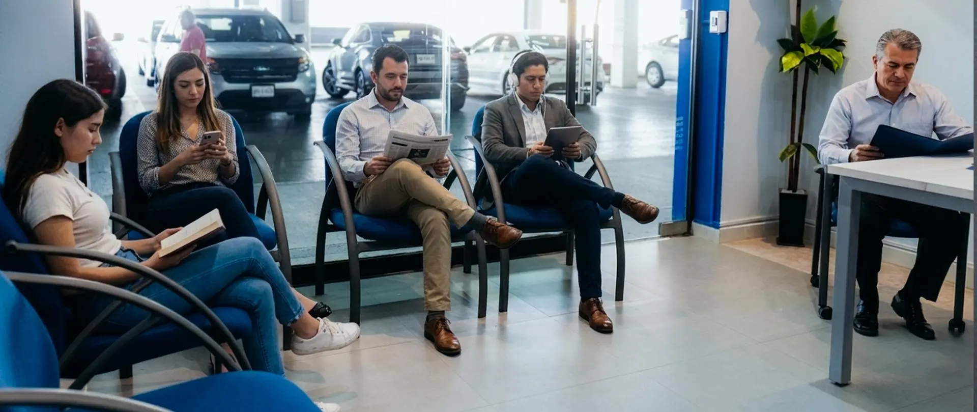 Clientes reales esperando en la sala de espera de Redy Soluciones